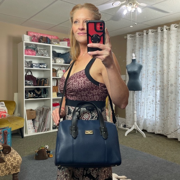 COLE HAAN Vintage Blue Satchel/Crossbody Black Trim,Gold Hardware. EUC! - Picture 13 of 14